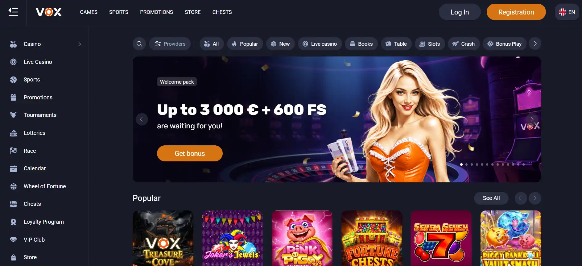 Current Vox Casino homepage and navigation