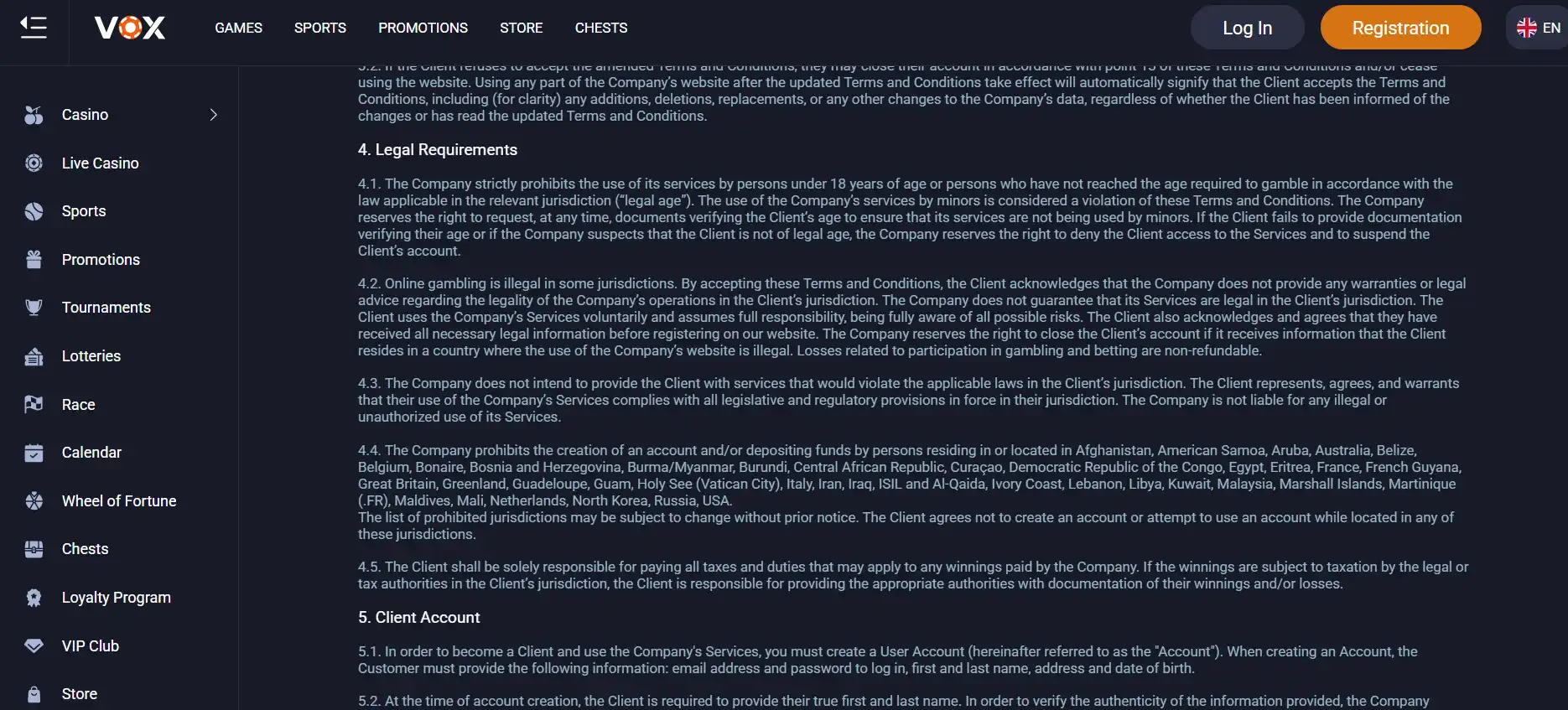 Current Vox Casino terms section showing operator, licence or Great Britain restriction context