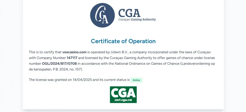Curaçao Gaming Authority certificate for voxcasino.com operated by Udwin B.V.