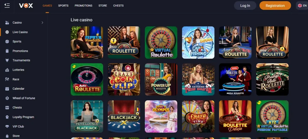 Current Vox Casino live-casino lobby with dealer-led tables visible
