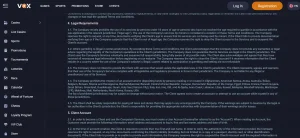 Current Vox Casino terms or registration evidence showing account eligibility and verification context