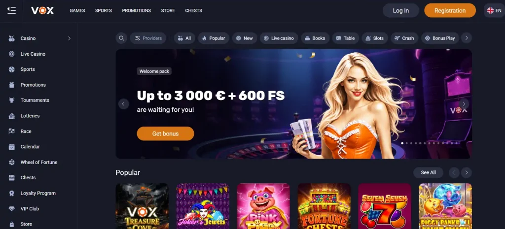 Current Vox Casino welcome bonus or promotions panel