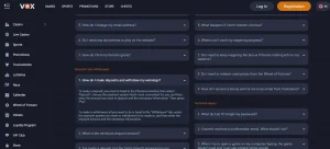 Official Vox Casino FAQ or cashier information showing deposit and withdrawal navigation