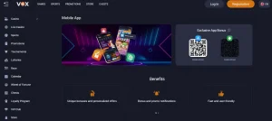Official Vox Casino mobile page showing iOS and Android QR or instruction paths