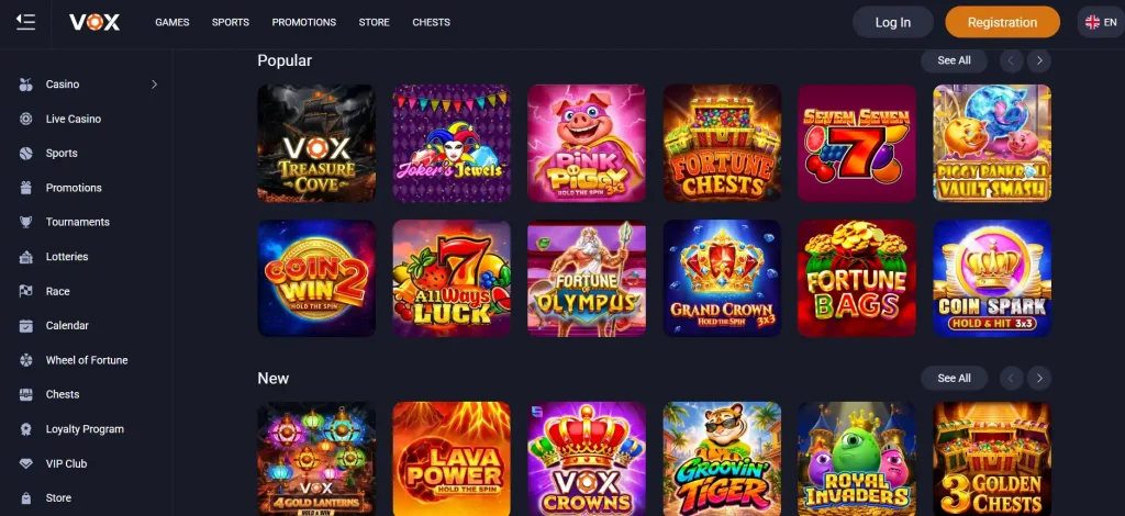 Vox Casino game lobby with current categories and provider-led catalogue