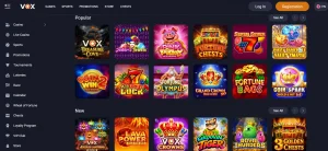 Vox Casino game lobby with current categories and provider-led catalogue